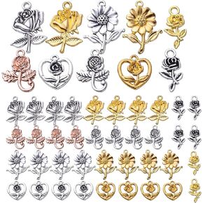 50pcs Flower Charms Pendants Alloy Sunflower Charms Rose Pendants Flower Bead Charm Craft Supplies for DIY Earrings Necklace Bracelet Jewelry Making Accessories, 5 Styles