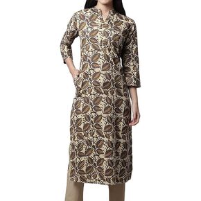 ladyline Women's Casual Straight 100% Cotton Printed Kurti Kurta Tunic Dress Button Neck in Kuwait