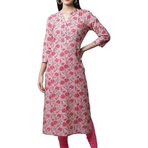 ladyline Women's Casual Straight 100% Cotton Printed Kurti Kurta Tunic Dress Button Neck