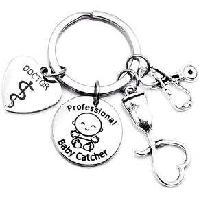 Kit's Kiss OBGYN Keychain Obstetrician Gynecologist Gift Nurse Midwife Graduation OB-GYN Specialist Baby Doctor Doppler Ultrasound Stethoscope Medical Caduceus Charm Key Ring, Silver, 1.2 inch (3 cm)
