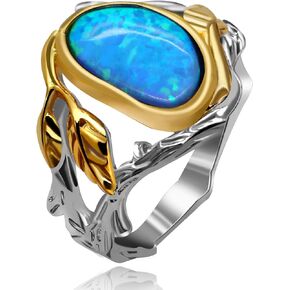 Uloveido Women's Antique Craft Oval Cut Created Blue Fire Opal Leaf Tree Ring Infinity 2 Tone Split Shank Wedding Engagement Ring for Women RA503
