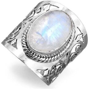 Silver Plated Retro Women's Natural Moonlight Stone Oval Single Stone Ring Bohemian Style Jewelry Silk Broadband Ring