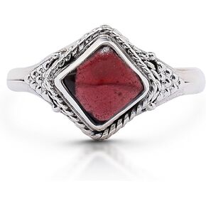 Square Garnet 925 Sterling Silver Ring - Delicate BOHO Chic Jewelry - Fashionable and Stylish for Girls and Women with Velvet Gift Bag/Box - Made by Indian Artisans - Size 5-9