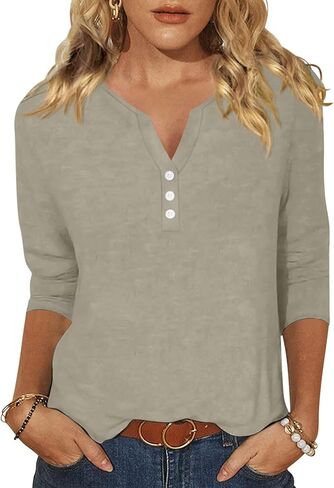 EADINVE Womens 3/4 Sleeve T-Shirts V Neck Buttons Tops Basic Tee Solid Color Blouse Loose Fit Pullover Summer Shirts 2024 in Kuwait