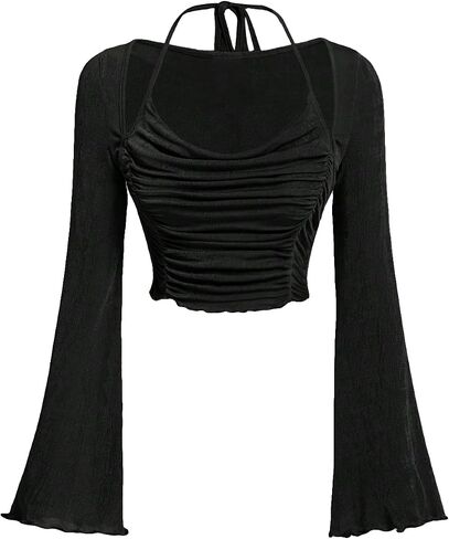 COZYEASE Women's Y2K Ruched Lettuce Trim Tie Back Long Sleeve Asymmetrical Cut Out Halter Crop Top Shirt in Saudi Arabia