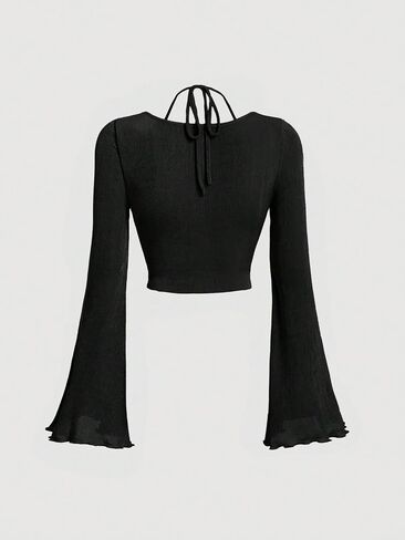 COZYEASE Women's Y2K Ruched Lettuce Trim Tie Back Long Sleeve Asymmetrical Cut Out Halter Crop Top Shirt in Saudi Arabia