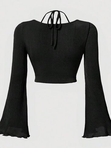 COZYEASE Women's Y2K Ruched Lettuce Trim Tie Back Long Sleeve Asymmetrical Cut Out Halter Crop Top Shirt in Saudi Arabia