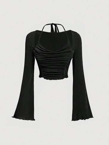 COZYEASE Women's Y2K Ruched Lettuce Trim Tie Back Long Sleeve Asymmetrical Cut Out Halter Crop Top Shirt in Saudi Arabia
