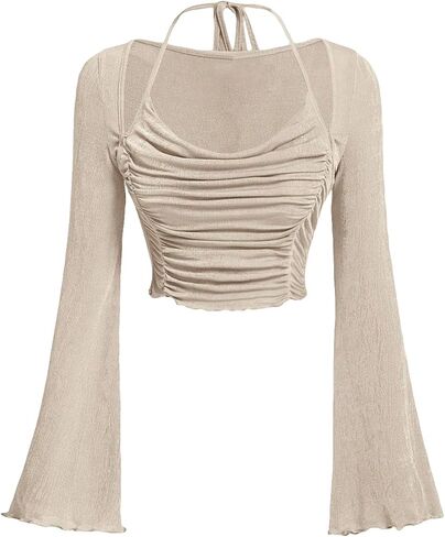 COZYEASE Women's Y2K Ruched Lettuce Trim Tie Back Long Sleeve Asymmetrical Cut Out Halter Crop Top Shirt in Saudi Arabia