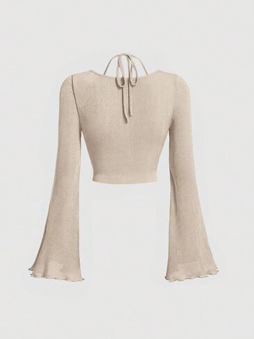 COZYEASE Women's Y2K Ruched Lettuce Trim Tie Back Long Sleeve Asymmetrical Cut Out Halter Crop Top Shirt in Saudi Arabia