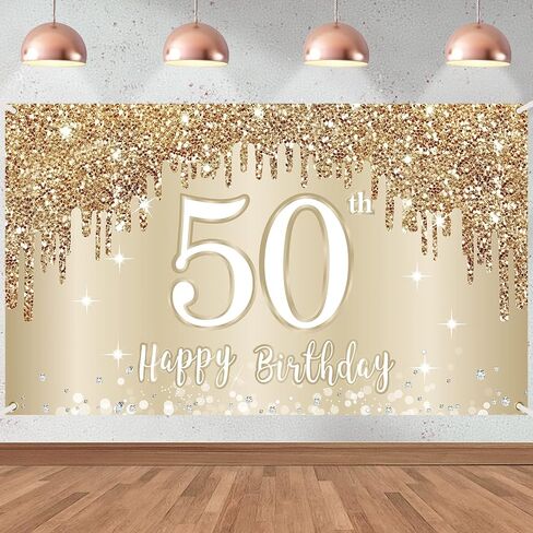 Happy 50th Birthday Banner Backdrop Decorations for Women, Gold White 50 Birthday Sign Party Supplies, Fifty Year Old Birthday Photo Booth Background Poster(72.8 x 43.3 Inch) in Saudi Arabia