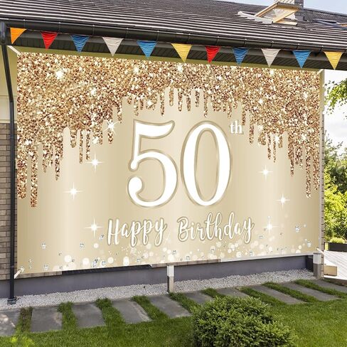 Happy 50th Birthday Banner Backdrop Decorations for Women, Gold White 50 Birthday Sign Party Supplies, Fifty Year Old Birthday Photo Booth Background Poster(72.8 x 43.3 Inch) in Saudi Arabia