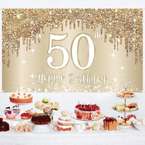 Happy 50th Birthday Banner Backdrop Decorations for Women, Gold White 50 Birthday Sign Party Supplies, Fifty Year Old Birthday Photo Booth Background Poster(72.8 x 43.3 Inch) in Saudi Arabia