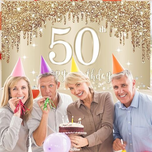 Happy 50th Birthday Banner Backdrop Decorations for Women, Gold White 50 Birthday Sign Party Supplies, Fifty Year Old Birthday Photo Booth Background Poster(72.8 x 43.3 Inch) in Saudi Arabia