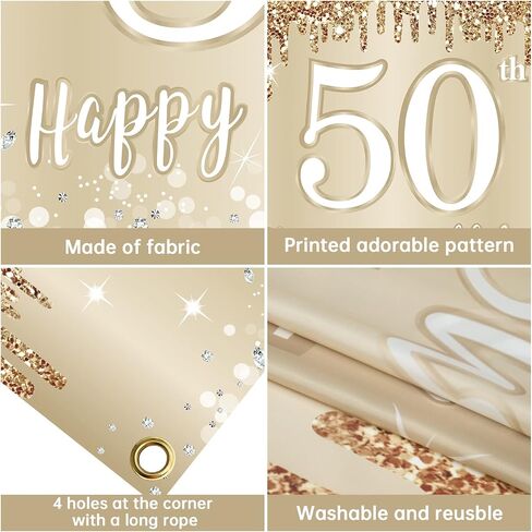 Happy 50th Birthday Banner Backdrop Decorations for Women, Gold White 50 Birthday Sign Party Supplies, Fifty Year Old Birthday Photo Booth Background Poster(72.8 x 43.3 Inch) in Saudi Arabia