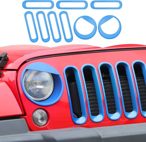 RT-TCZ Front Grille Inserts Headlight Cover Grill Bezels Trim Decoration Exterior Accessories Compatible with Jeep Wrangler JK JKU 2007-2017,Light blue in Saudi Arabia