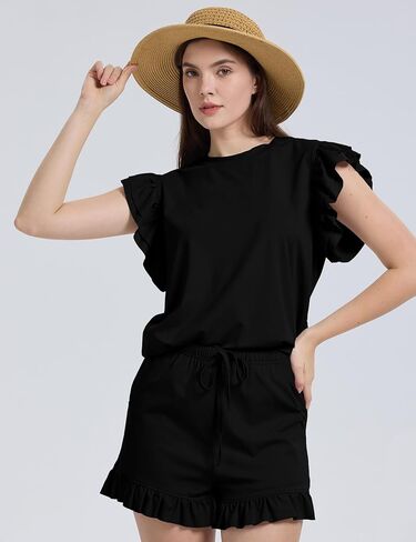 طقم ملابس نسائي من Lentta مكون من قطعتين وبلوزة بأكمام قصيرة وقميص وشورت عالي الخصر مع جيوب in Kuwait