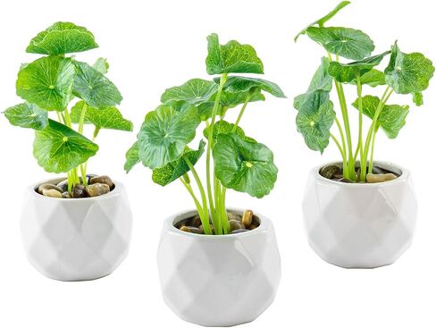 نباتات اللوتس الاصطناعية الصغيرة من MyGift، نباتات خضراء صناعية في أوعية زراعية مزخرفة من السيراميك الأبيض الهندسي وحشو حجري واقعي، مجموعة من 3 قطع in Saudi Arabia