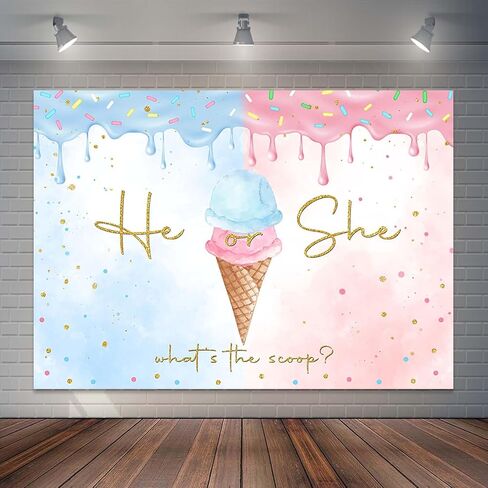 Ice Cream Gender Reveal Backdrop Summer He or She Ice Cream Photography Background Gold Dots What's The Scoop Gender Reveal Cake Table Banner Decor (7x5ft) in Saudi Arabia