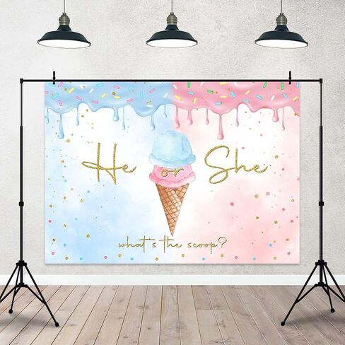 Ice Cream Gender Reveal Backdrop Summer He or She Ice Cream Photography Background Gold Dots What's The Scoop Gender Reveal Cake Table Banner Decor (7x5ft) in Saudi Arabia