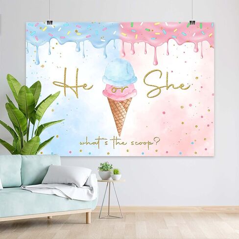 Ice Cream Gender Reveal Backdrop Summer He or She Ice Cream Photography Background Gold Dots What's The Scoop Gender Reveal Cake Table Banner Decor (7x5ft) in Saudi Arabia