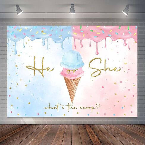 Ice Cream Gender Reveal Backdrop Summer He or She Ice Cream Photography Background Gold Dots What's The Scoop Gender Reveal Cake Table Banner Decor (7x5ft) in Saudi Arabia