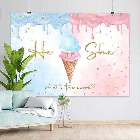 Ice Cream Gender Reveal Backdrop Summer He or She Ice Cream Photography Background Gold Dots What's The Scoop Gender Reveal Cake Table Banner Decor (7x5ft) in Saudi Arabia