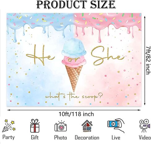 Ice Cream Gender Reveal Backdrop Summer He or She Ice Cream Photography Background Gold Dots What's The Scoop Gender Reveal Cake Table Banner Decor (7x5ft) in Saudi Arabia