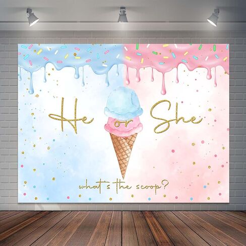 Ice Cream Gender Reveal Backdrop Summer He or She Ice Cream Photography Background Gold Dots What's The Scoop Gender Reveal Cake Table Banner Decor (7x5ft) in Saudi Arabia