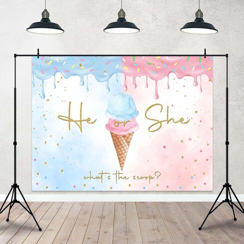 Ice Cream Gender Reveal Backdrop Summer He or She Ice Cream Photography Background Gold Dots What's The Scoop Gender Reveal Cake Table Banner Decor (7x5ft) in Saudi Arabia