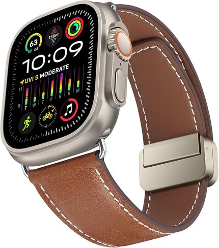 HITZEE متوافق مع سوار ساعة Apple مقاس 49 مم 45 مم 44 مم 42 مم، أحزمة جلدية أصلية مع مشبك مغناطيسي وحزام بديل مصمم لساعة Apple Watch Ultra 2 Ultra Series 9 8 7 SE 6 5 4 3 2 1، بني in Kuwait
