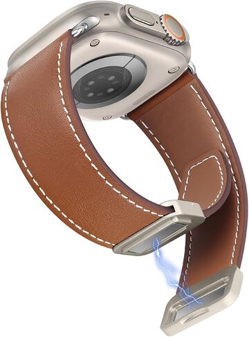 HITZEE متوافق مع سوار ساعة Apple مقاس 49 مم 45 مم 44 مم 42 مم، أحزمة جلدية أصلية مع مشبك مغناطيسي وحزام بديل مصمم لساعة Apple Watch Ultra 2 Ultra Series 9 8 7 SE 6 5 4 3 2 1، بني in Kuwait