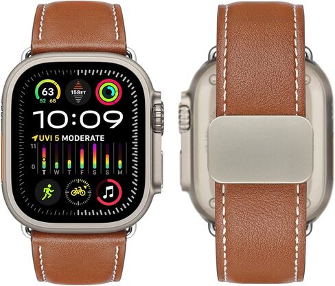 HITZEE متوافق مع سوار ساعة Apple مقاس 49 مم 45 مم 44 مم 42 مم، أحزمة جلدية أصلية مع مشبك مغناطيسي وحزام بديل مصمم لساعة Apple Watch Ultra 2 Ultra Series 9 8 7 SE 6 5 4 3 2 1، بني in Kuwait