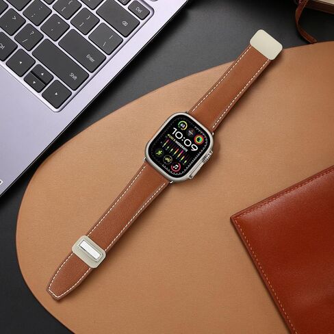 HITZEE متوافق مع سوار ساعة Apple مقاس 49 مم 45 مم 44 مم 42 مم، أحزمة جلدية أصلية مع مشبك مغناطيسي وحزام بديل مصمم لساعة Apple Watch Ultra 2 Ultra Series 9 8 7 SE 6 5 4 3 2 1، بني in Kuwait