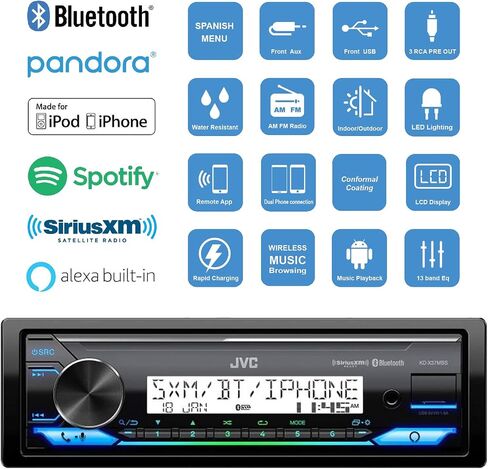 Single DIN Marine Digital Media USB AUX Bluetooth Receiver Bundle with 4X 6.5 150W 2-Way White Waterproof Boat Speakers, 4-Channel Amplifier w/Install Kit, Wired Remote, Radio Shield, Antenna in Saudi Arabia