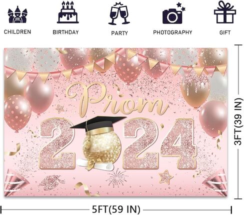 ديكورات الحفلات الراقصة 2024، لافتة خلفية باللون الوردي الوردي، وزخارف حفلات التخرج، وحفلات التخرج، ليلة إرسال فئة من 2024، لوازم الحفلات للاحتفال بخلفية صور حفلات التخرج in Kuwait
