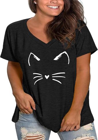 قمصان نسائية لطيفة على شكل قطة بمقاسات كبيرة، قمصان برقبة على شكل V وأكمام قصيرة، قمصان صيفية in Kuwait