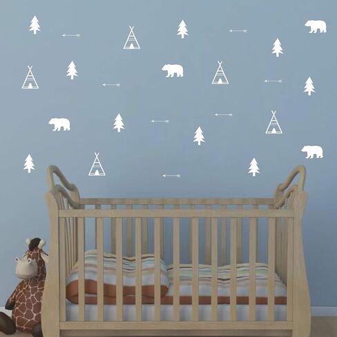 Woodland Wall Decal, Bears, Arrow, Teepees, Trees and Mountains Decor, Matte Vinyl Wall Stickers for Baby Bedroom, Nursery Wall Decals(Y05) (Black) in Kuwait