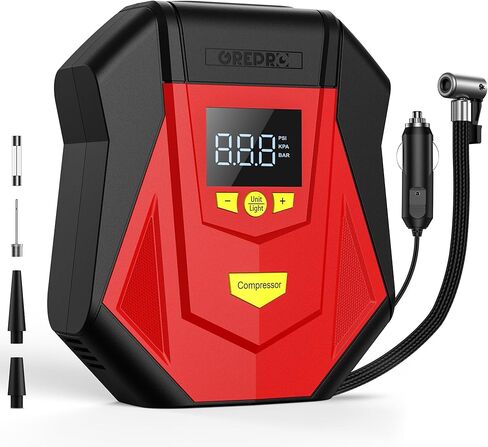 منفاخ إطارات GREPRO ضاغط هواء محمول، مضخة هواء تيار مستمر 12 فولت لإطارات السيارات، مضخة إطارات كهربائية رقمية 150 رطل لكل بوصة مربعة مع مقياس الضغط، وظيفة إيقاف التشغيل التلقائي، ضوء LED لإطارات السيارات والدراجات النارية والدراجات in Kuwait