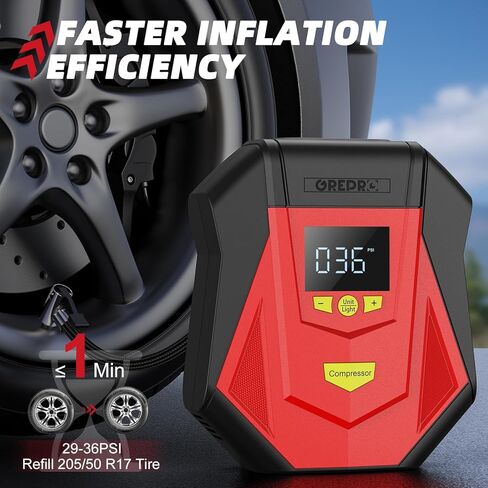 منفاخ إطارات GREPRO ضاغط هواء محمول، مضخة هواء تيار مستمر 12 فولت لإطارات السيارات، مضخة إطارات كهربائية رقمية 150 رطل لكل بوصة مربعة مع مقياس الضغط، وظيفة إيقاف التشغيل التلقائي، ضوء LED لإطارات السيارات والدراجات النارية والدراجات in Kuwait