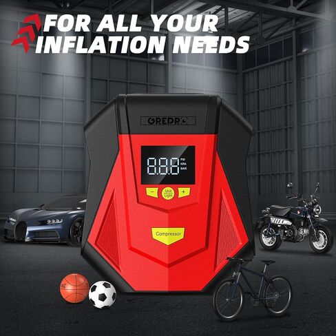منفاخ إطارات GREPRO ضاغط هواء محمول، مضخة هواء تيار مستمر 12 فولت لإطارات السيارات، مضخة إطارات كهربائية رقمية 150 رطل لكل بوصة مربعة مع مقياس الضغط، وظيفة إيقاف التشغيل التلقائي، ضوء LED لإطارات السيارات والدراجات النارية والدراجات in Kuwait