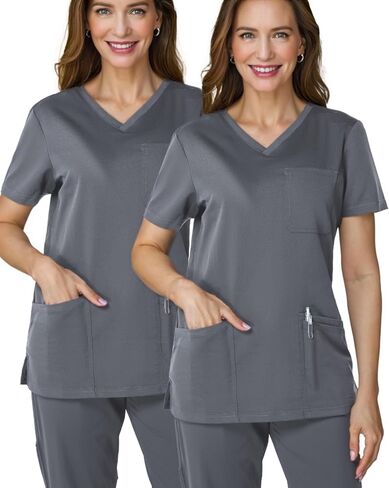 2 حزمة من النساء الدعكات قمم العمل لينة التمدد v-neck 3 جيوب in Saudi Arabia