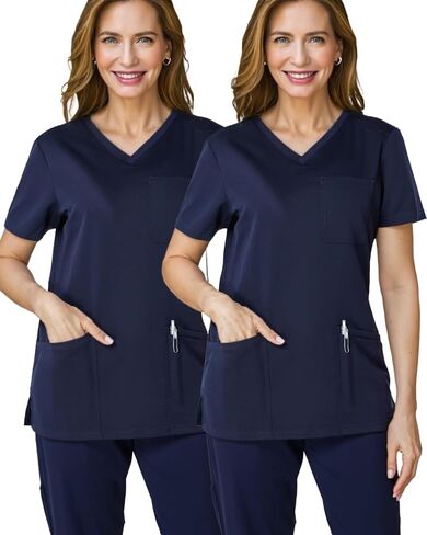 2 حزمة من النساء الدعكات قمم العمل لينة التمدد v-neck 3 جيوب in Saudi Arabia