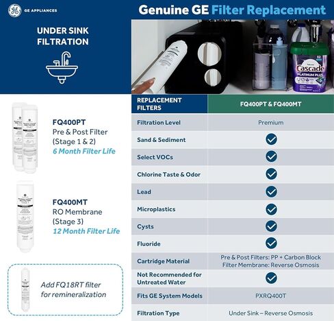 GE ملف تعريف التناضح العكسي تحت مرشح استبدال الغشاء بالوعة ، يناسب نظام ترشيح PXRQ400T ، يقلل من الرصاص ، الكلور والمزيد ، استبدال كل 12 شهرًا ، FQ400MT in Kuwait