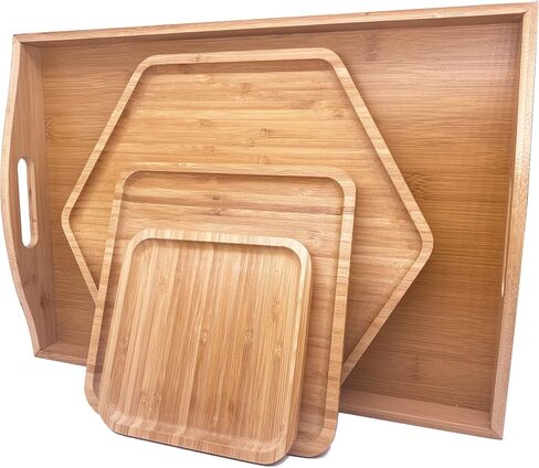 يخدم الخيزران الذي يقدم صواني charcuterie charcuterie 16.5 "x11.8" （42x30 سم مع مقبض ، مجموعة 1xhexagon 12.5 "(32 سم)+1xsquare 7.8" (20 سم)+1xsquare 5.9 "(15 سم) لوحات صغيرة للعشاء العائلي العائلة in Saudi Arabia