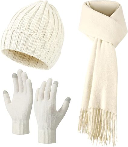 Women Winter Hat Beanie+Long Scarf+Touch Screen Gloves Set, Warm Clothes Set with Knit Fleece Lined for Women/Men Winter in Saudi Arabia