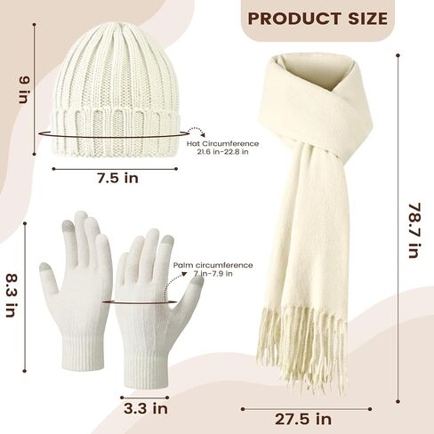 Women Winter Hat Beanie+Long Scarf+Touch Screen Gloves Set, Warm Clothes Set with Knit Fleece Lined for Women/Men Winter in Saudi Arabia