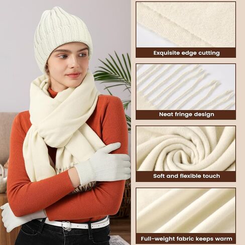 Women Winter Hat Beanie+Long Scarf+Touch Screen Gloves Set, Warm Clothes Set with Knit Fleece Lined for Women/Men Winter in Saudi Arabia