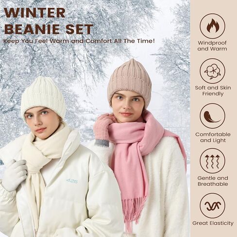 Women Winter Hat Beanie+Long Scarf+Touch Screen Gloves Set, Warm Clothes Set with Knit Fleece Lined for Women/Men Winter in Saudi Arabia
