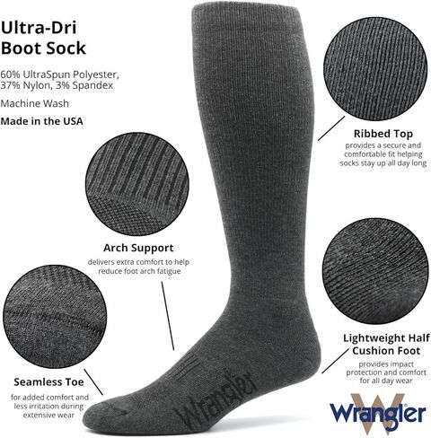 Wrangler Mens Ultra Dri Seamless Toe Western Boot Socks 3 Pair Pack in Kuwait